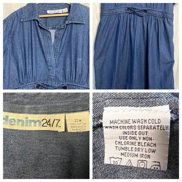 Denim 24/7 Women Plus Size 22W Blue Denim Casual Dress Waist Tie Cotton Comfy - Picture 10 of 16